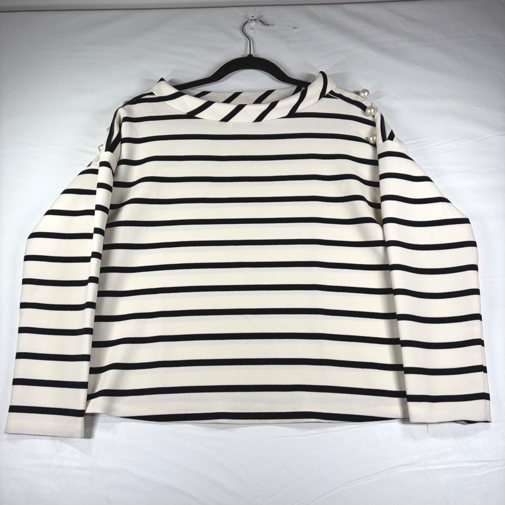 Zara Basic Striped Pearl Button Shoulder Blouse Cream Nautical Small Avant Garde